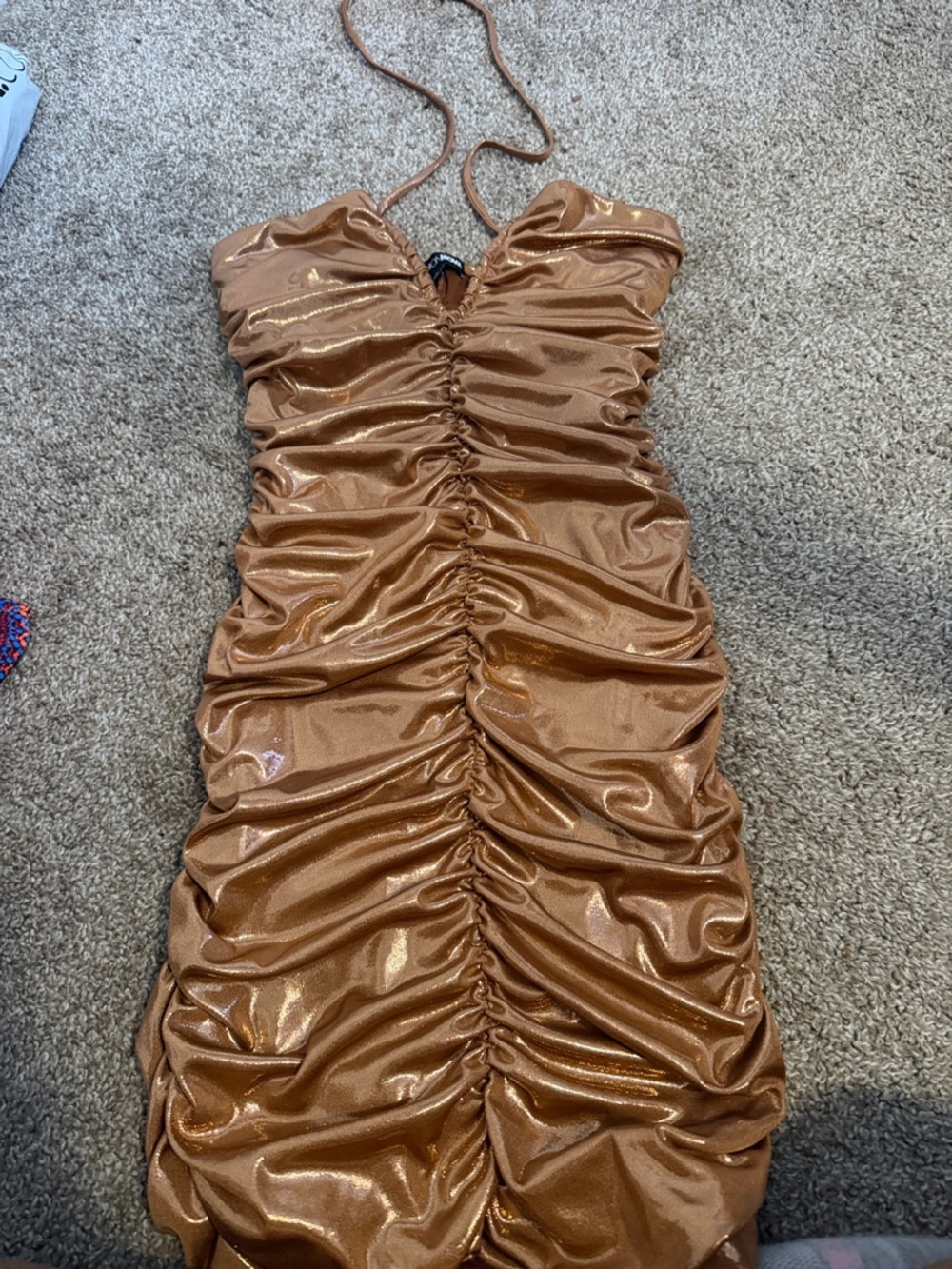 Fashion Nova Shimmery Copper Ruched Mini Dress